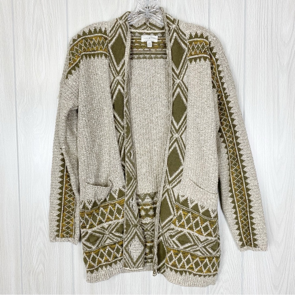 Lucky Brand | Green & Gray Aztec Print Open Front Cardigan Sweater Size Medium